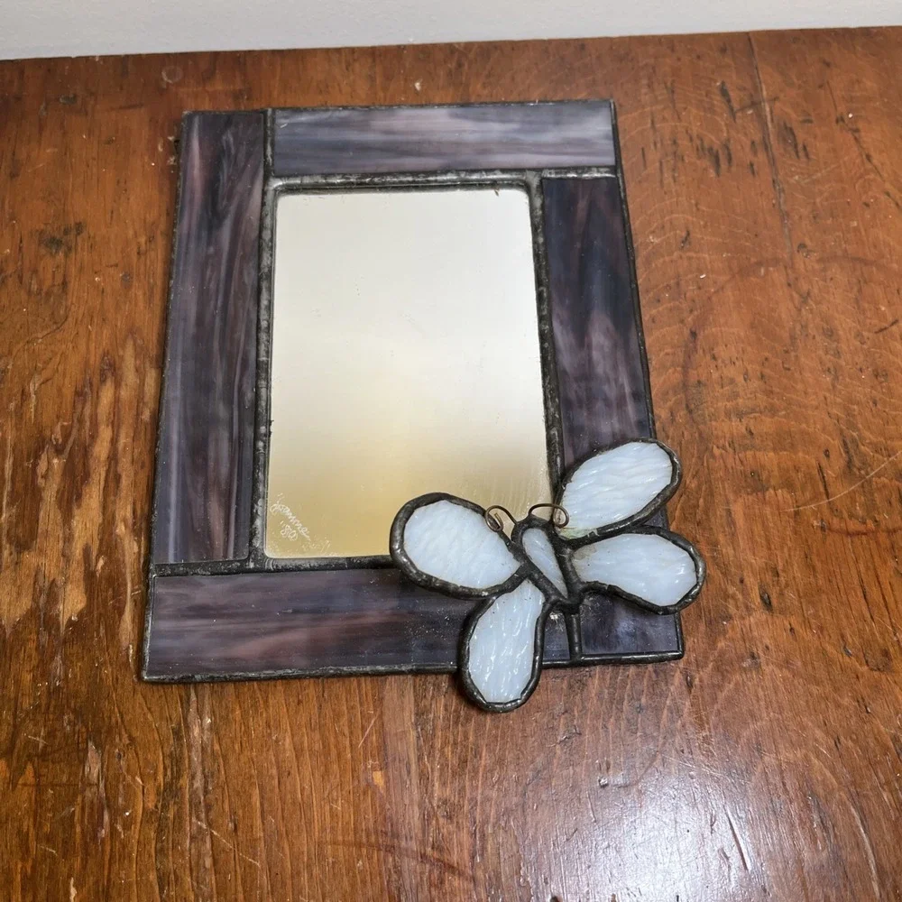 Purple Stained Glass Iridescent Framed Butterfly Mirror Small 7x5